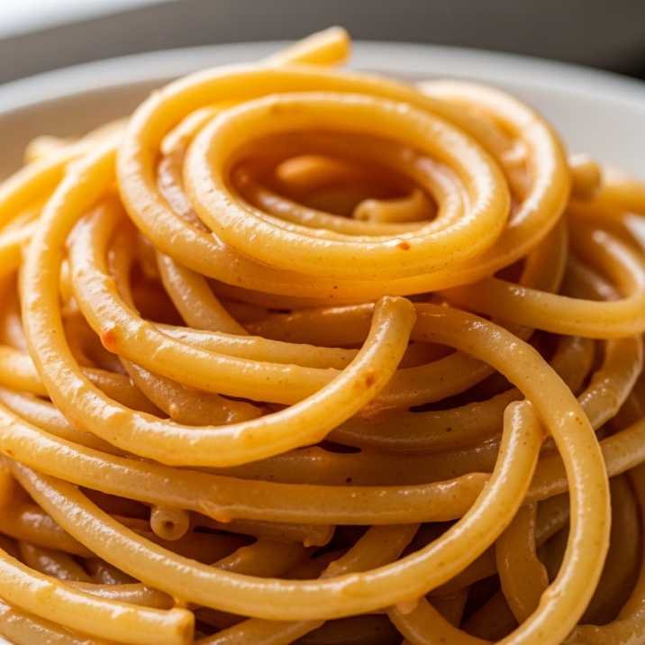 Best Calabrian Steak and Shrimp Bucatini Recipe (Easy & Creamy Pasta) 3 bucatini pasta with creamy calabrian chili sauce close up