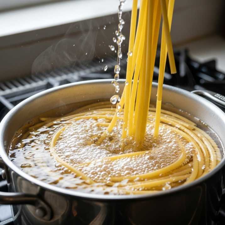 Best Calabrian Steak and Shrimp Bucatini Recipe (Easy & Creamy Pasta) 6 bucatini pasta boiling in salted water for calabrian steak and shrimp bucatini recipe