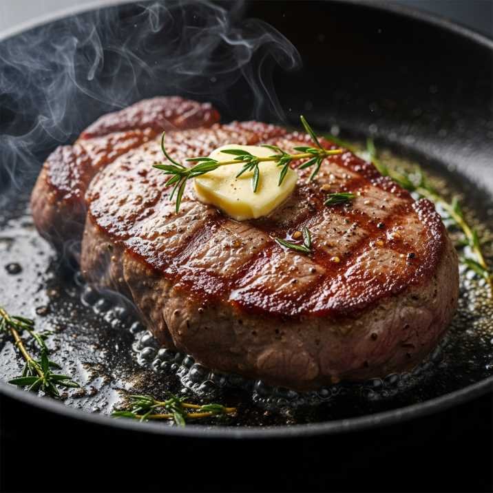 Best Calabrian Steak and Shrimp Bucatini Recipe (Easy & Creamy Pasta) 7 steak searing in pan for pasta recipe