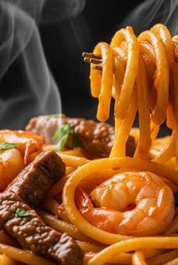 creamy Calabrian steak and shrimp bucatini close up with fork and steam