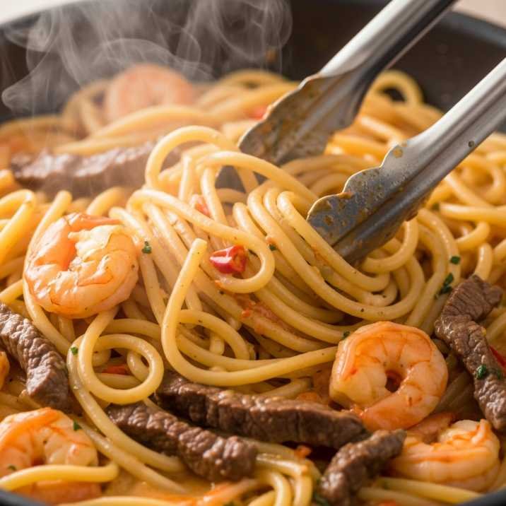 Best Calabrian Steak and Shrimp Bucatini Recipe (Easy & Creamy Pasta) 10 calabrian steak and shrimp bucatini being mixed in creamy chili sauce