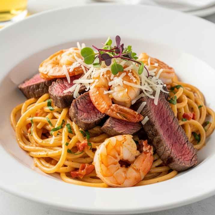Best Calabrian Steak and Shrimp Bucatini Recipe (Easy & Creamy Pasta) 11 calabrian steak and shrimp bucatini creamy pasta recipe plated
