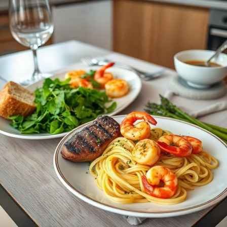 Best Calabrian Steak and Shrimp Bucatini Recipe (Easy & Creamy Pasta) 17 calabrian steak shrimp bucatini with garlic bread and salad