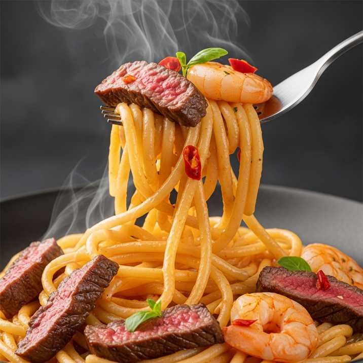 Best Calabrian Steak and Shrimp Bucatini Recipe (Easy & Creamy Pasta) 13 close up of creamy calabrian steak and shrimp bucatini with glossy sauce