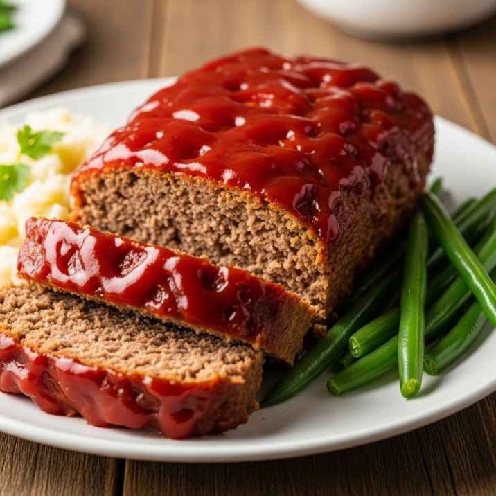 Golden Corral meatloaf recipe sliced with glaze served with mashed potatoes and green beans