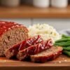 Juicy golden corral-style meatloaf with glaze served on a plate