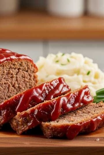 Juicy golden corral-style meatloaf with glaze served on a plate