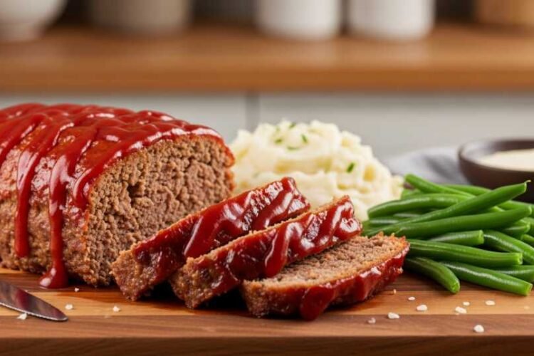 Juicy golden corral-style meatloaf with glaze served on a plate