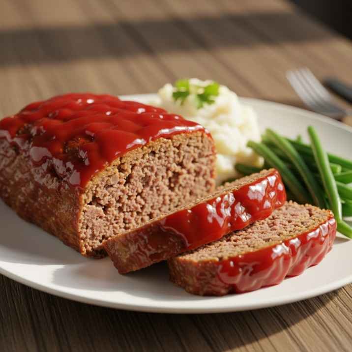 Golden Corral meatloaf recipe, sliced with glaze, served with mashed potatoes and green beans