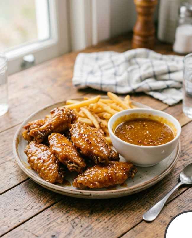 wingstop style hawaiian wings served with fries and dipping sauce on a plate
