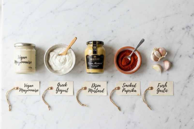 Flat lay of IHOP sauce ingredient substitutions including vegan mayo Greek yogurt Dijon mustard smoked paprika and fresh garlic