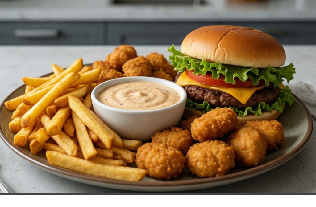 IHOP sauce served with fries nuggets and burger