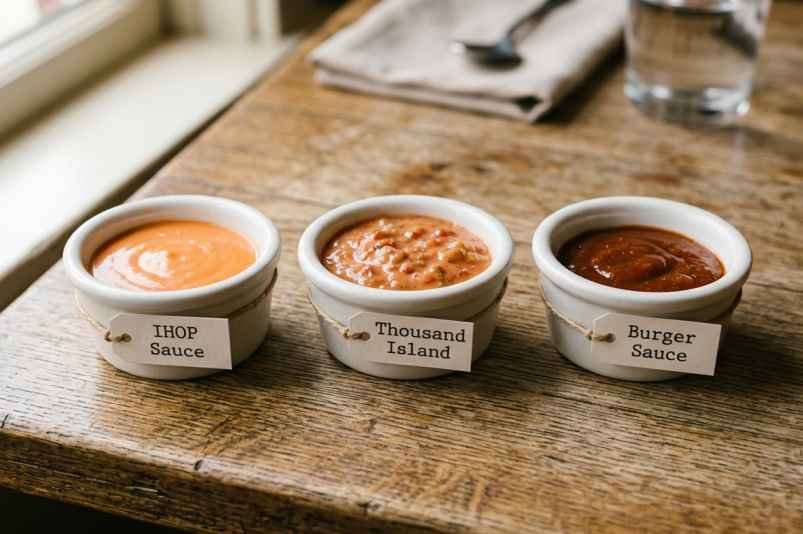 Three bowls showing IHOP sauce vs Thousand Island dressing vs burger sauce side by side comparison