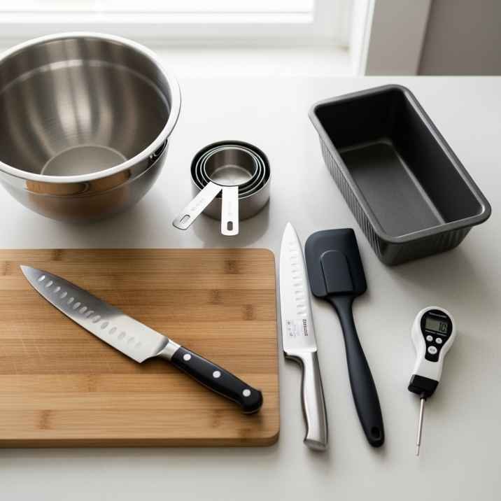 Equipment needed for meatloaf including bowl loaf pan and measuring tools