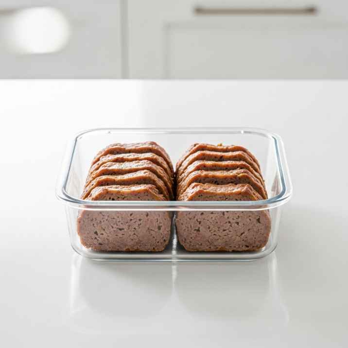 Cooked meatloaf stored in airtight container for storage