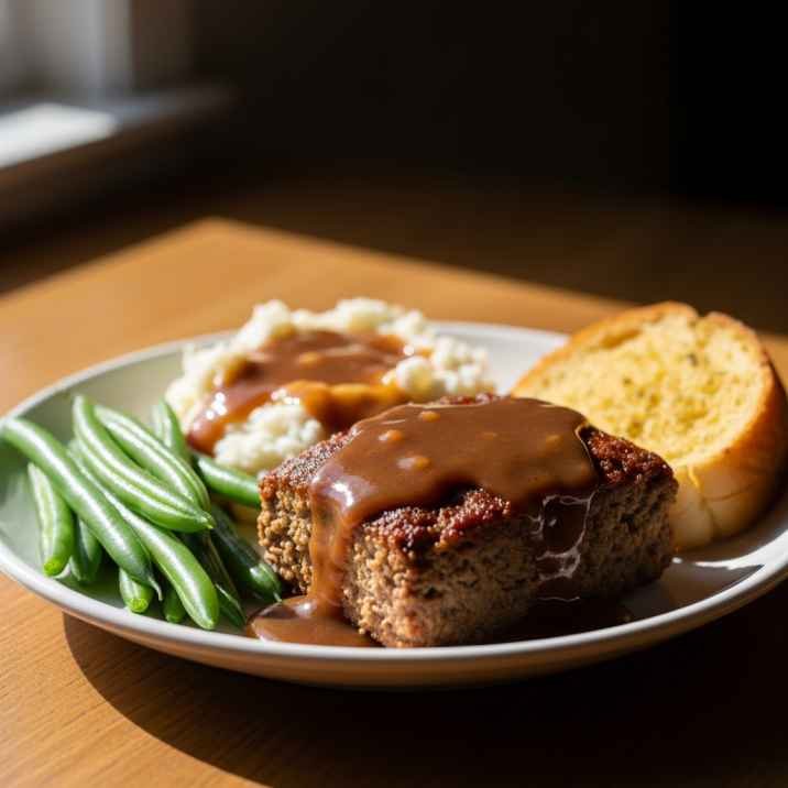 Meatloaf with mashed potatoes green beans and garlic bread on plate