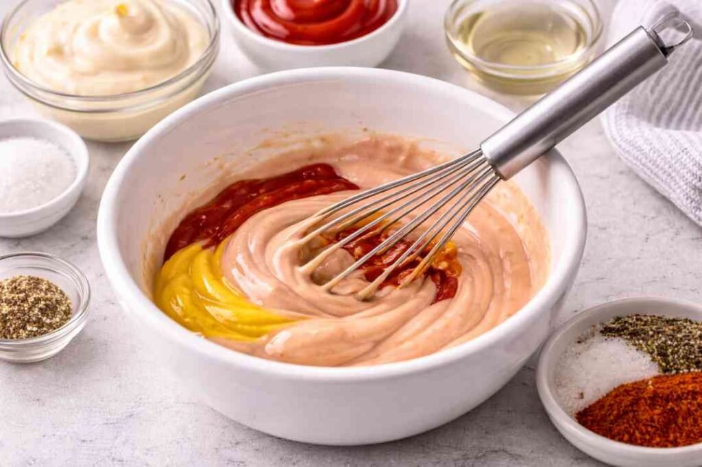 mixing mayonnaise ketchup and mustard for IHOP sauce