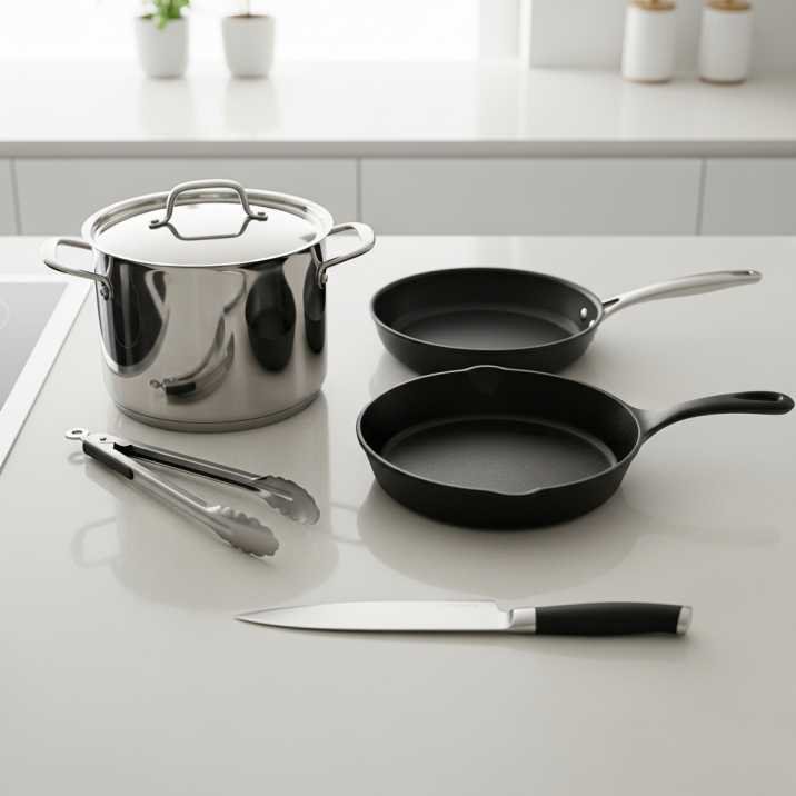 Best Calabrian Steak and Shrimp Bucatini Recipe (Easy & Creamy Pasta) 5 kitchen equipment for making steak and shrimp pasta including pot skillet and tongs