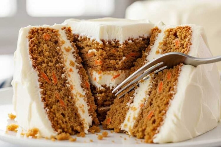 Best Saltgrass Carrot Cake Recipe – Ultra Moist Copycat Version 1 Moist carrot cake slice with cream cheese frosting and fork cutting into soft layers