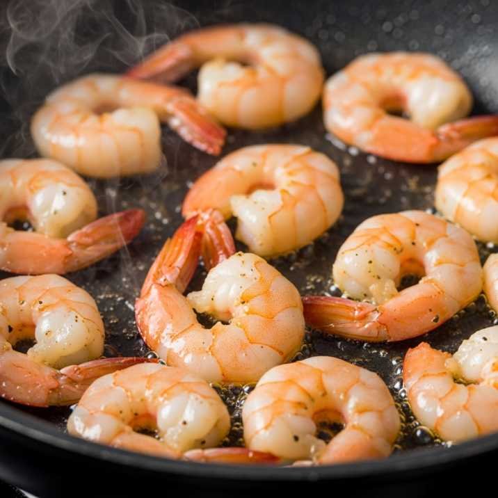 Best Calabrian Steak and Shrimp Bucatini Recipe (Easy & Creamy Pasta) 8 shrimp cooking in pan for steak and shrimp pasta