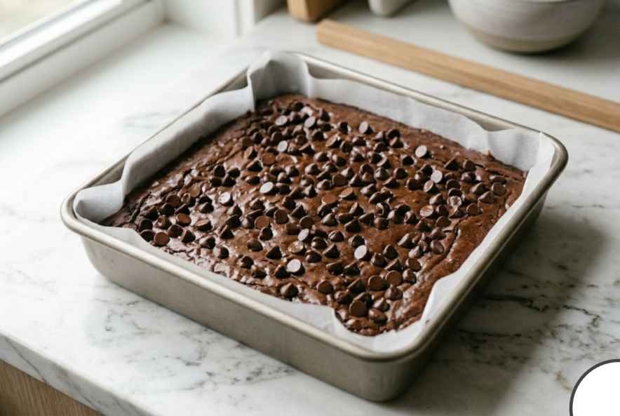 Sweet Potato Brownies (Fudgy, Flourless & Better Than You'd Expect) 10 Fully baked sweet potato brownies in parchment lined pan with set glossy top and edges slightly pulled away from sides