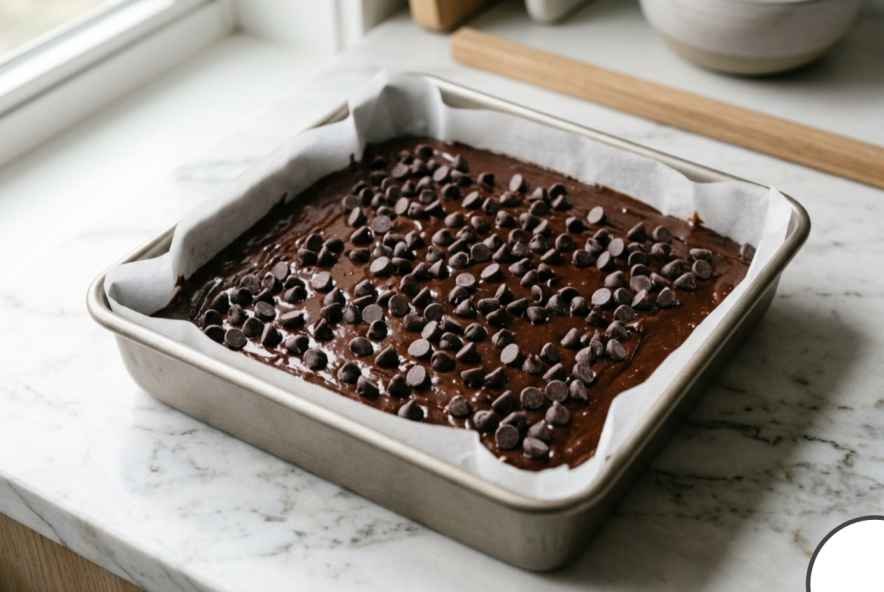 Sweet Potato Brownies (Fudgy, Flourless & Better Than You'd Expect) 9 Sweet potato brownie batter spread evenly in a parchment lined 8x8 pan topped with chocolate chips ready to bake