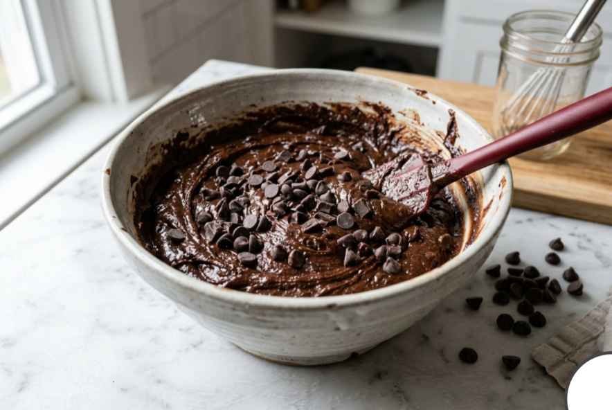 Sweet Potato Brownies (Fudgy, Flourless & Better Than You'd Expect) 8 Dark chocolate sweet potato brownie batter in a mixing bowl with chocolate chips just folded in ready for baking