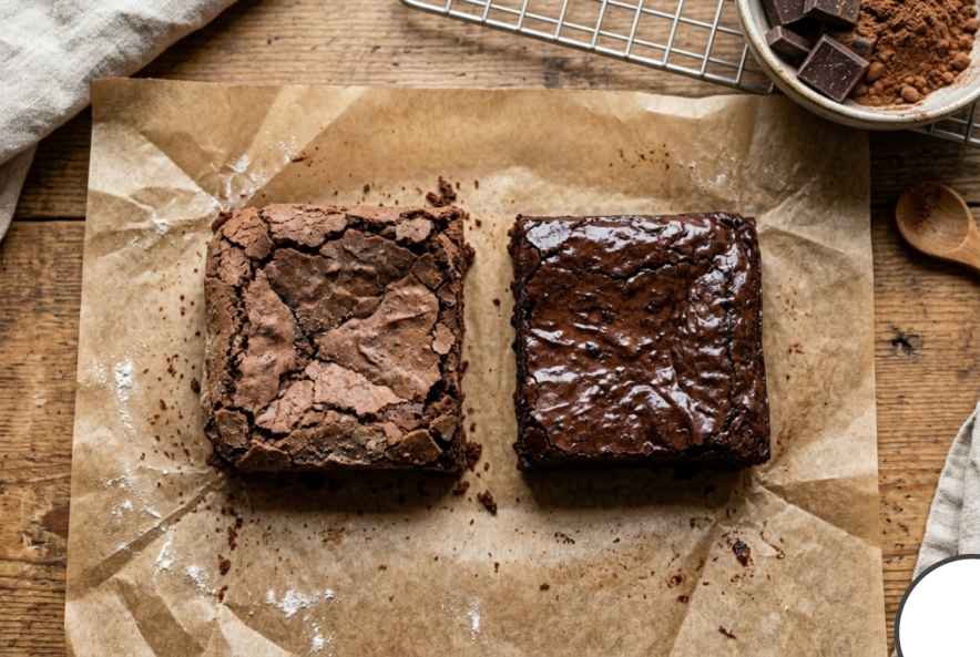 Sweet Potato Brownies (Fudgy, Flourless & Better Than You'd Expect) 15 Side by side comparison of an overbaked dry sweet potato brownie next to a perfectly fudgy moist brownie on parchment paper