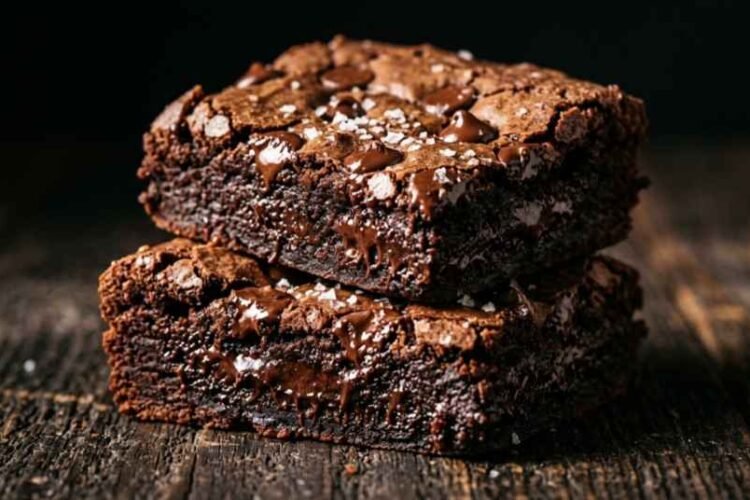 Fudgy sweet potato brownies stacked on dark parchment paper with melted chocolate chips and flaky sea salt