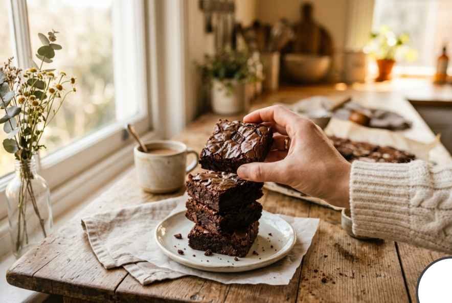 Sweet Potato Brownies (Fudgy, Flourless & Better Than You'd Expect) 16 Hand reaching to pick up a fudgy sweet potato brownie from a rustic plate in soft natural window light