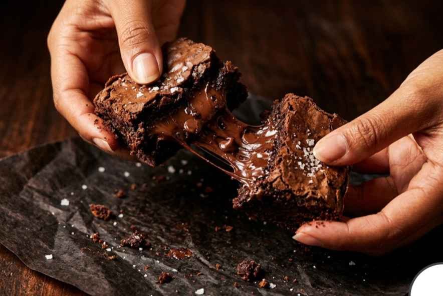 Sweet Potato Brownies (Fudgy, Flourless & Better Than You'd Expect) 3 Hands pulling apart a fudgy sweet potato brownie revealing a gooey stretchy chocolate center