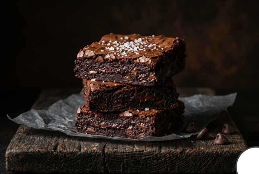 Sweet Potato Brownies (Fudgy, Flourless & Better Than You'd Expect) 2 Close up stack of fudgy sweet potato brownies with melted chocolate chips and flaky sea salt on dark parchment paper