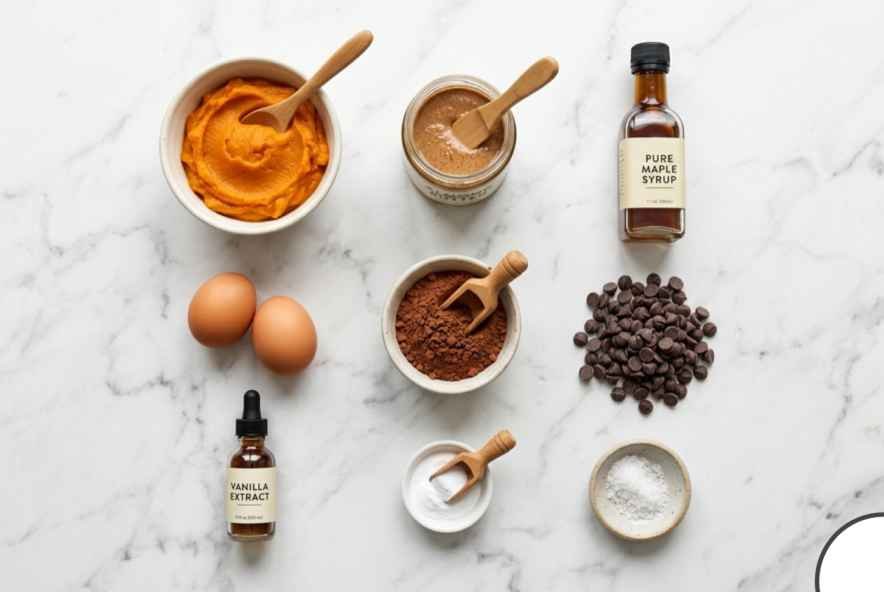 Sweet Potato Brownies (Fudgy, Flourless & Better Than You'd Expect) 5 Sweet potato brownie ingredients flat lay including almond butter, cocoa powder, maple syrup, eggs and chocolate chips on white marble