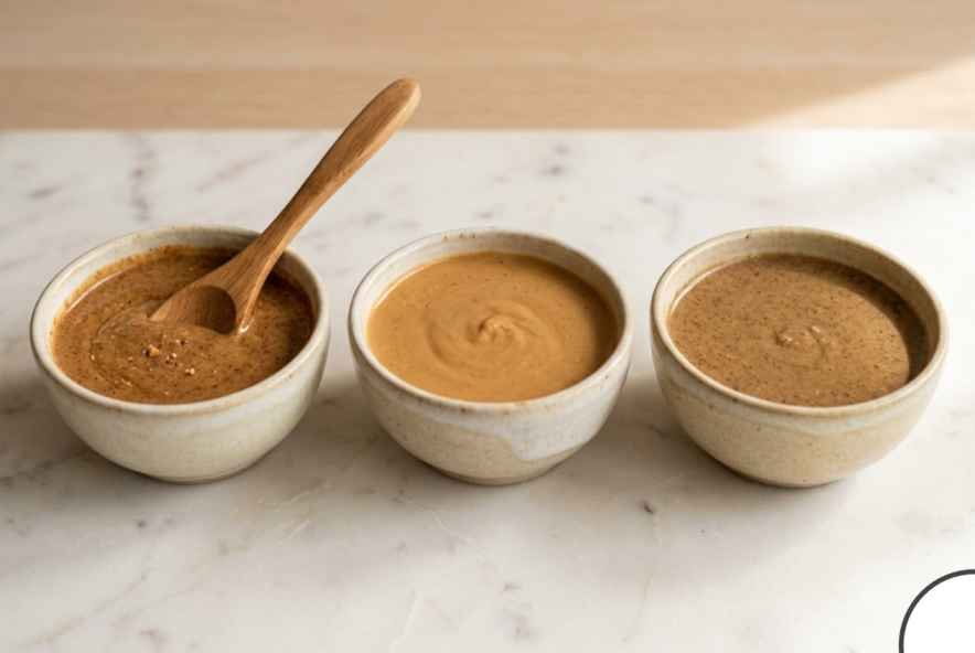 Sweet Potato Brownies (Fudgy, Flourless & Better Than You'd Expect) 6 Three small bowls of almond butter, peanut butter and sunflower seed butter side by side as brownie substitution options