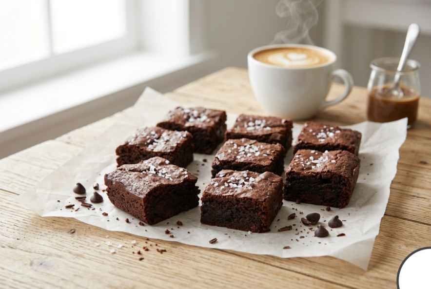 Sweet Potato Brownies (Fudgy, Flourless & Better Than You'd Expect) 14 Sliced sweet potato brownies arranged on parchment paper with a cup of coffee in the background in soft natural light