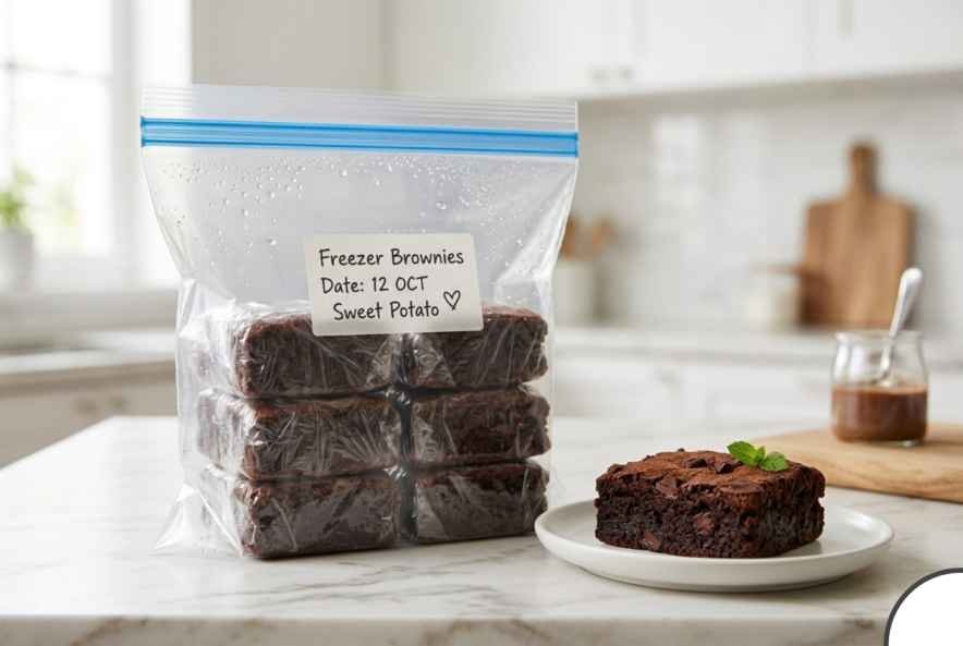 Sweet Potato Brownies (Fudgy, Flourless & Better Than You'd Expect) 13 Individually wrapped sweet potato brownies in a freezer bag with one unwrapped brownie on a small plate beside it