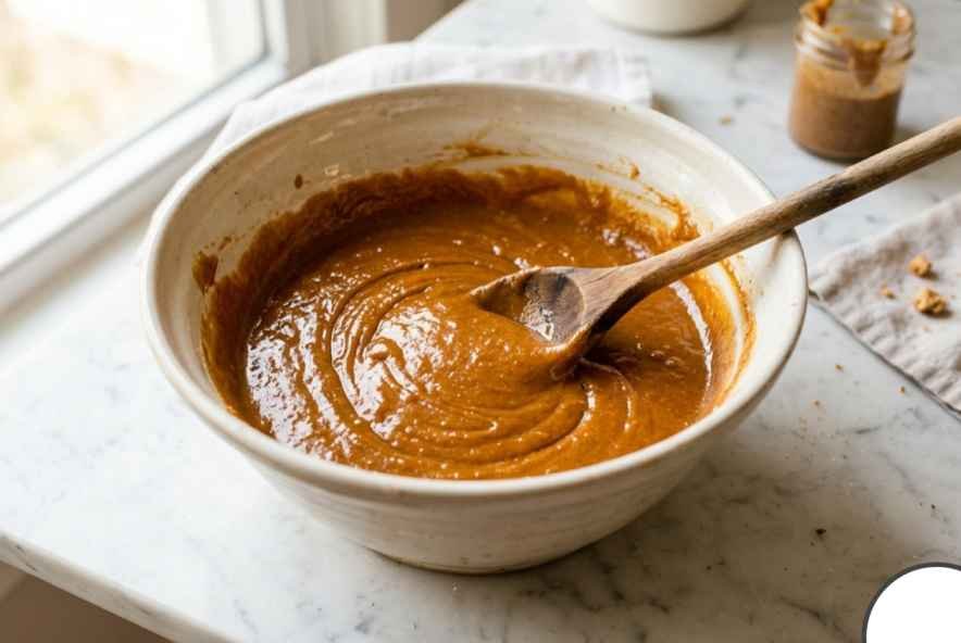 Sweet Potato Brownies (Fudgy, Flourless & Better Than You'd Expect) 7 Large mixing bowl with glossy combined wet ingredients of sweet potato puree, almond butter and eggs stirred together