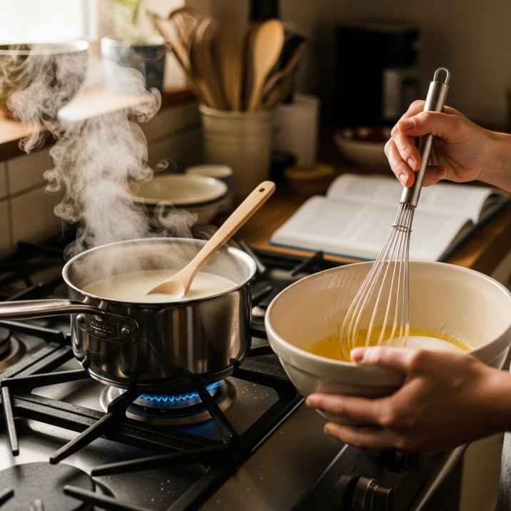 Easy Tubby Custard Recipe (Creamy Pink Dessert at Home) 6 heating milk and mixing eggs for tubby custard