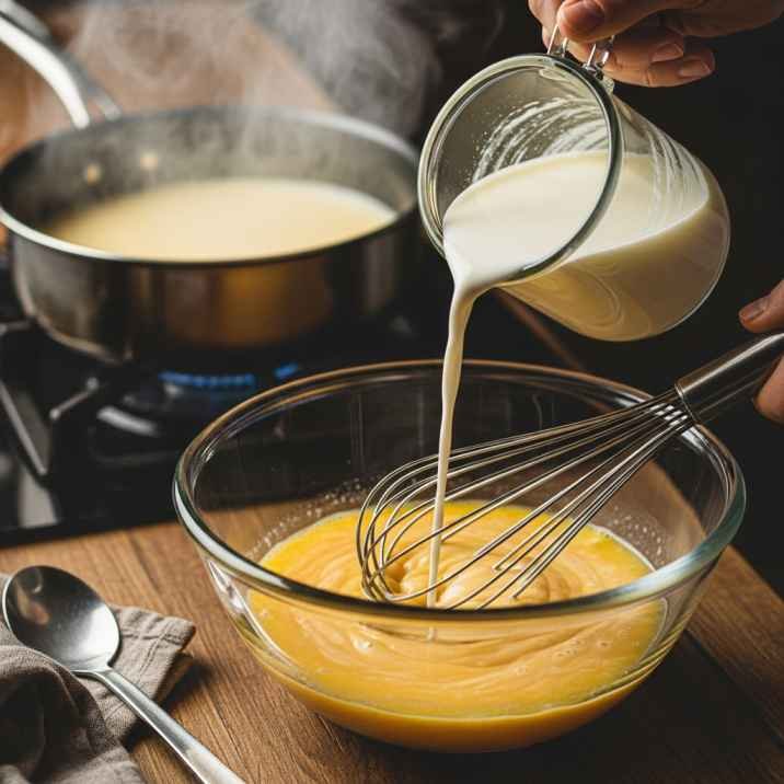 Easy Tubby Custard Recipe (Creamy Pink Dessert at Home) 7 tempering eggs and cooking custard mixture