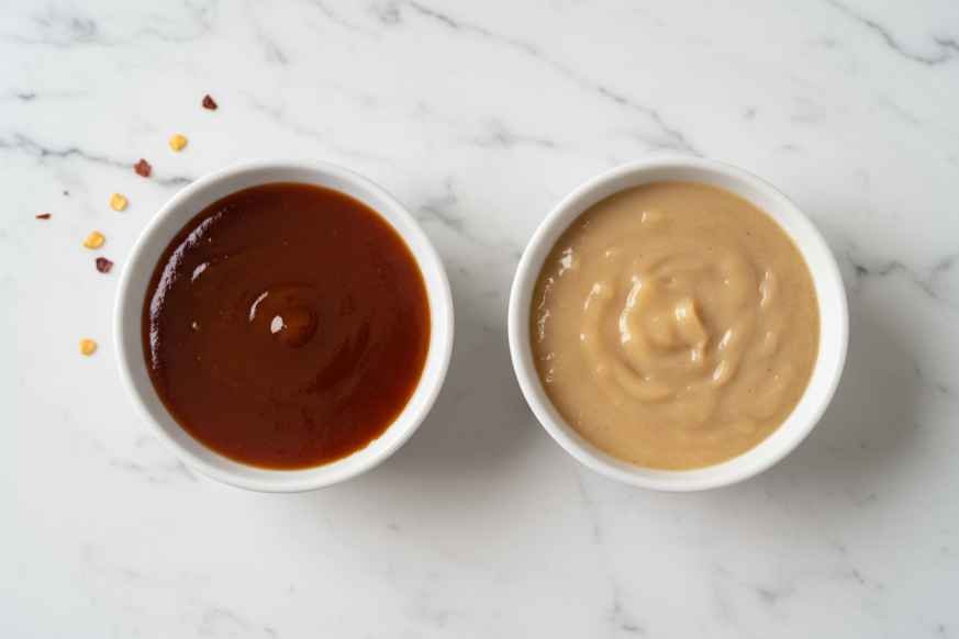 Side by side comparison of correct glossy Wingstop Hawaiian sauce versus over-thickened gummy sauce showing common mistakes