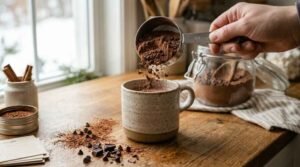 Homemade Hot Chocolate Powder (Better Than Store-Bought) 13 adding hot chocolate powder to mug