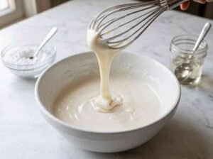 Smooth white vanilla icing in a bowl with a whisk, showing slow drip consistency for brownies