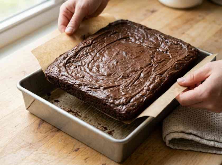 Freshly baked fudgy chocolate brownies lifted from baking pan on parchment paper showing set edges and soft center