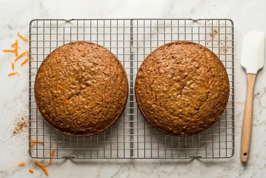 Lloyd Carrot Cake Recipe: Moist, Bakery-Style & Perfect Every Time 9 Two freshly baked bakery-style carrot cake layers cooling on a wire rack, golden brown with visible carrot flecks on the surface
