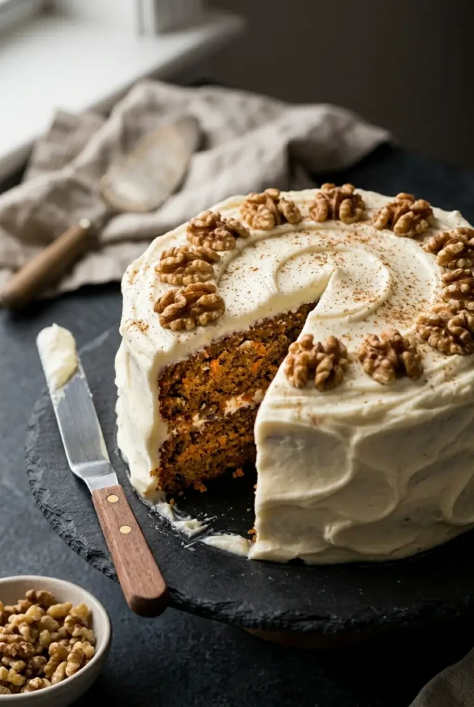 Lloyd Carrot Cake Recipe: Moist, Bakery-Style & Perfect Every Time 11 Best carrot cake recipe sliced to reveal moist interior crumb, covered in thick cream cheese frosting and topped with toasted walnuts on a dark cake stand