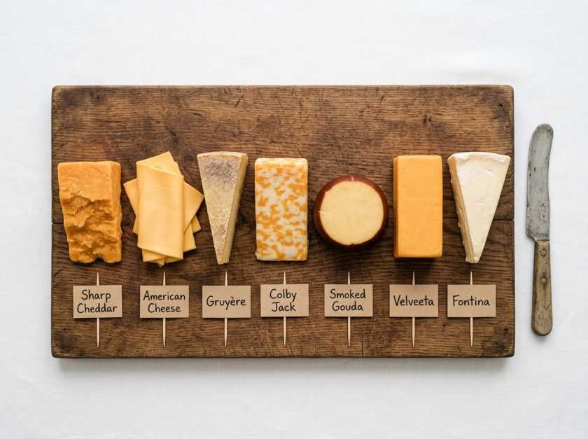 Seven best cheeses for mac and cheese laid out on a wooden 
board including sharp cheddar, American cheese, Gruyere, 
Colby Jack, smoked Gouda, Velveeta, and Fontina