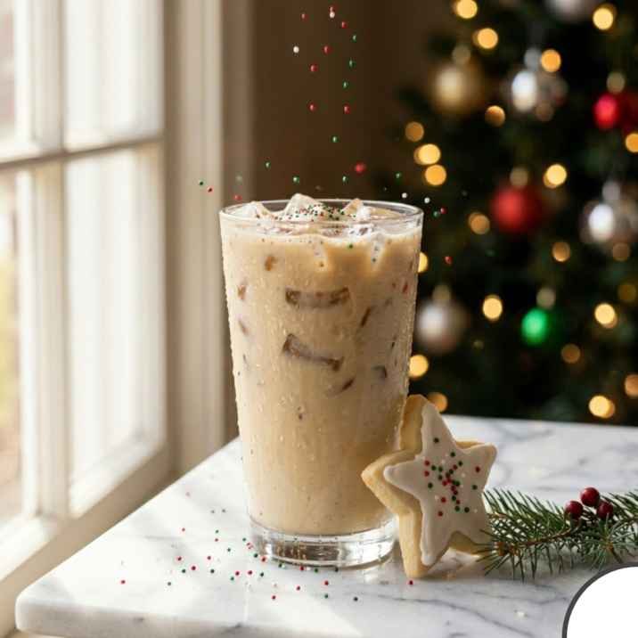 best iced sugar cookie latte recipe, homemade Starbucks copycat in a clear glass with red and green sprinkles