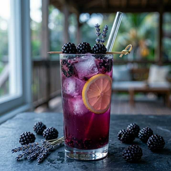 Panera Charged Lemonade Recipe: How I Finally Made a Safer, Better Version at Home 16 Blackberry lavender homemade charged lemonade variation in a tall glass with fresh blackberries and dried lavender garnish