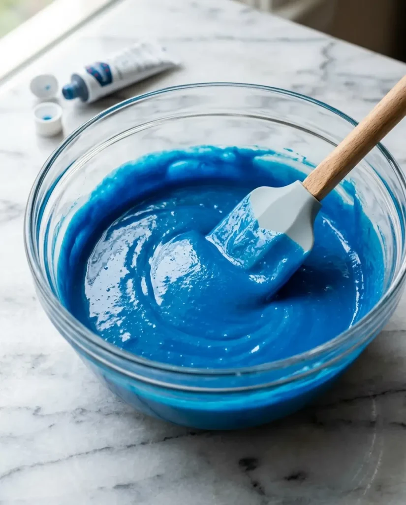 The Best Blue Raspberry Ice Cream Recipe (No Machine Needed) 7 Bowl of sweetened condensed milk base with vivid electric blue gel food coloring fully mixed in for no-churn blue raspberry ice cream