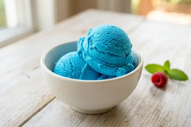 Two scoops of homemade blue raspberry ice cream in a white bowl showing vivid electric blue color and creamy no-churn texture